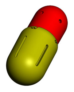 Red and yellow capsule-shaped object.